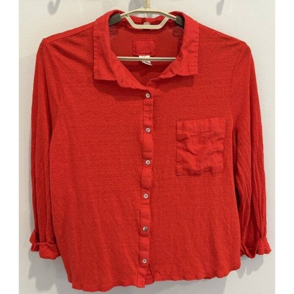 Sigrid Olsen 100% Linen Button Front Shirt Knit Tomato Red 3/4 Sleeve Size XL
